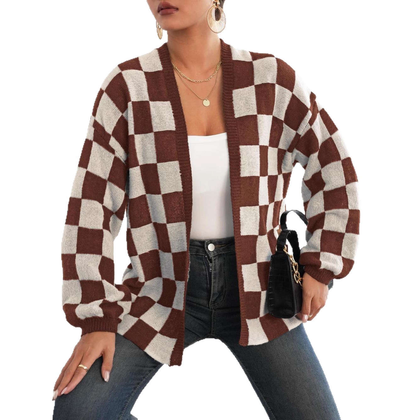 Checkered Open-Front Cardigan Sweater Coat