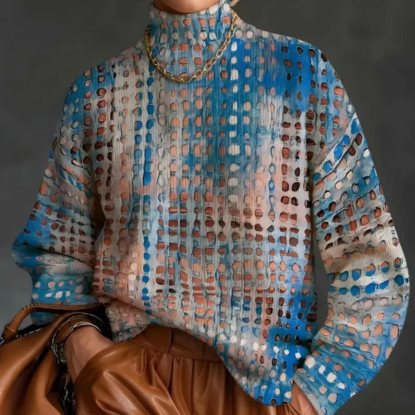Women's Floral Polka Dot Print Turtleneck Casual Sweater