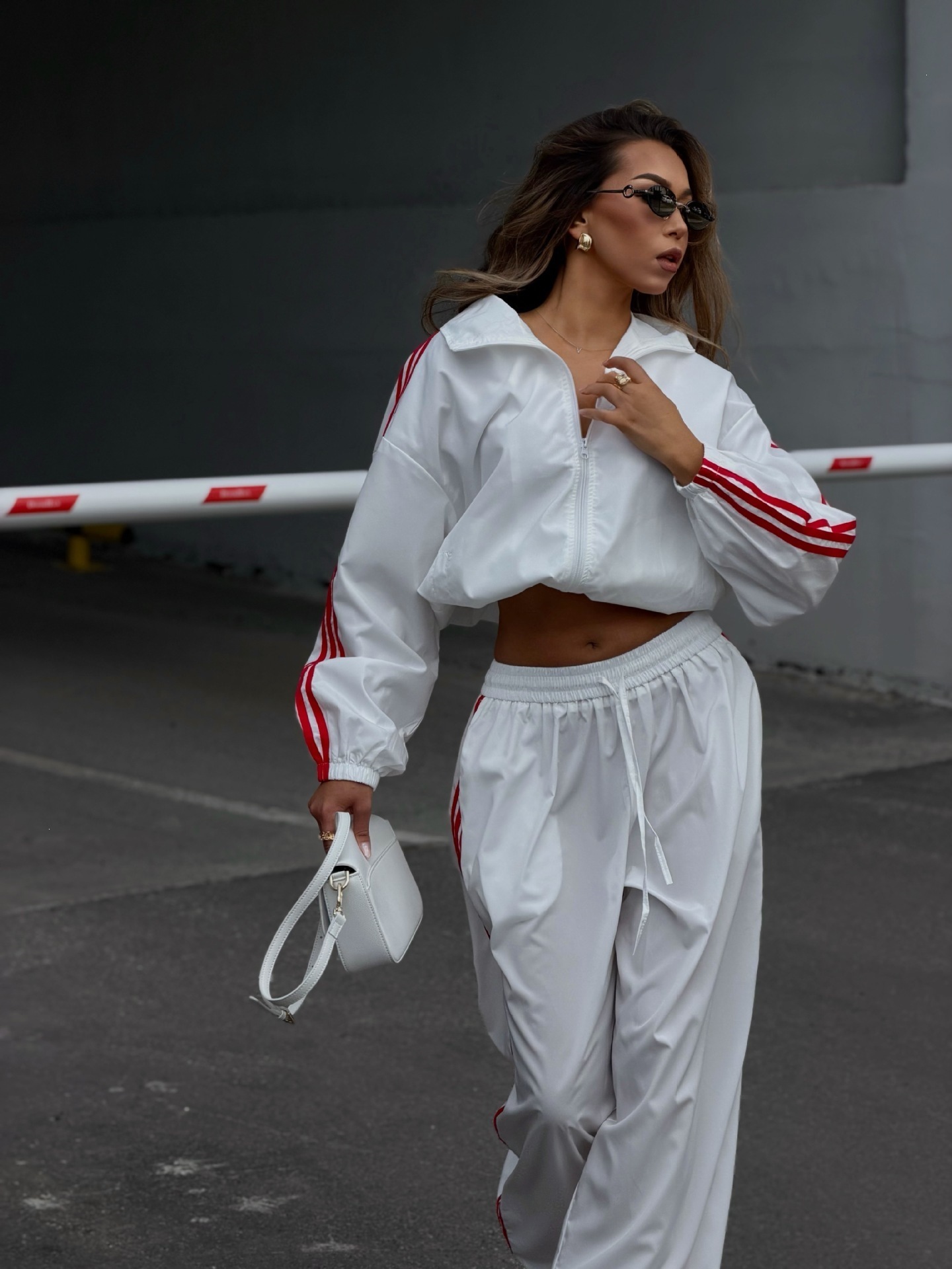 Retro Three-Stripe Zip-Up Tracksuit with Drawstring Pants