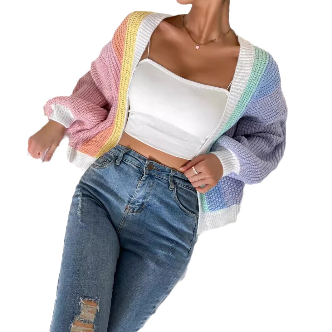 Colorblock Knit Cardigan Women's Long Sleeve Sweater