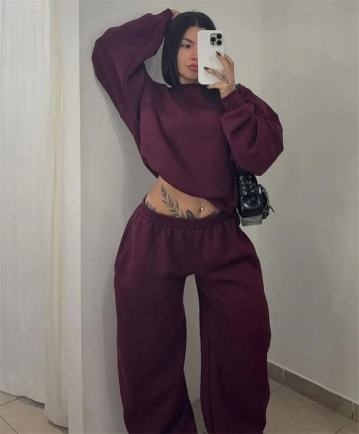 Women's Crewneck Long Sleeve Sweatshirt & Wide Leg Pants Set Casual Solid Color