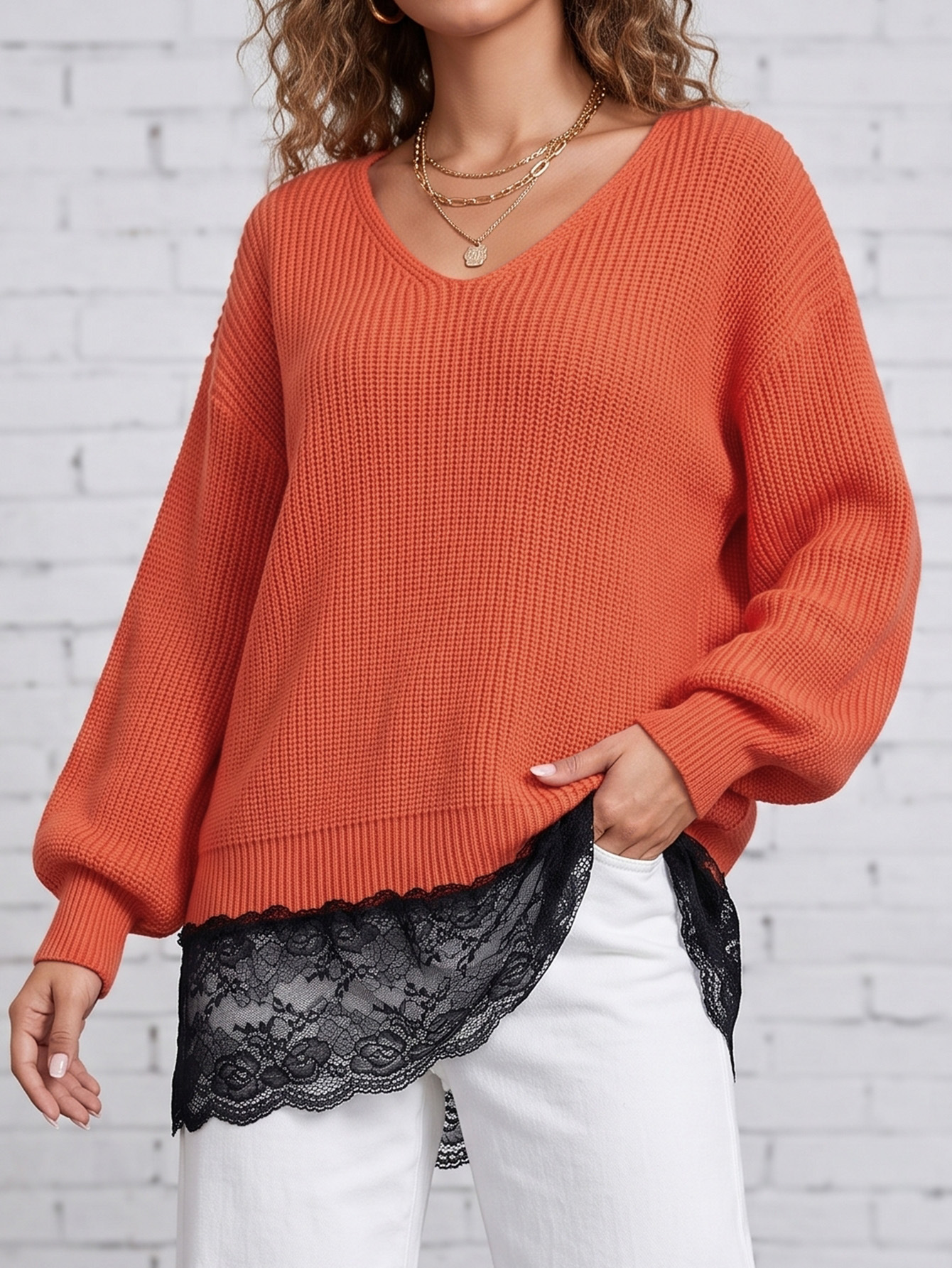 Women's Lace-Trim Faux-Layer Knit Sweater