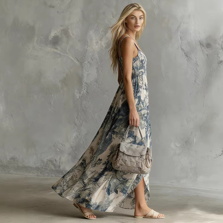 Blue Floral Print Sleeveless Square Neck Chiffon Maxi Dress