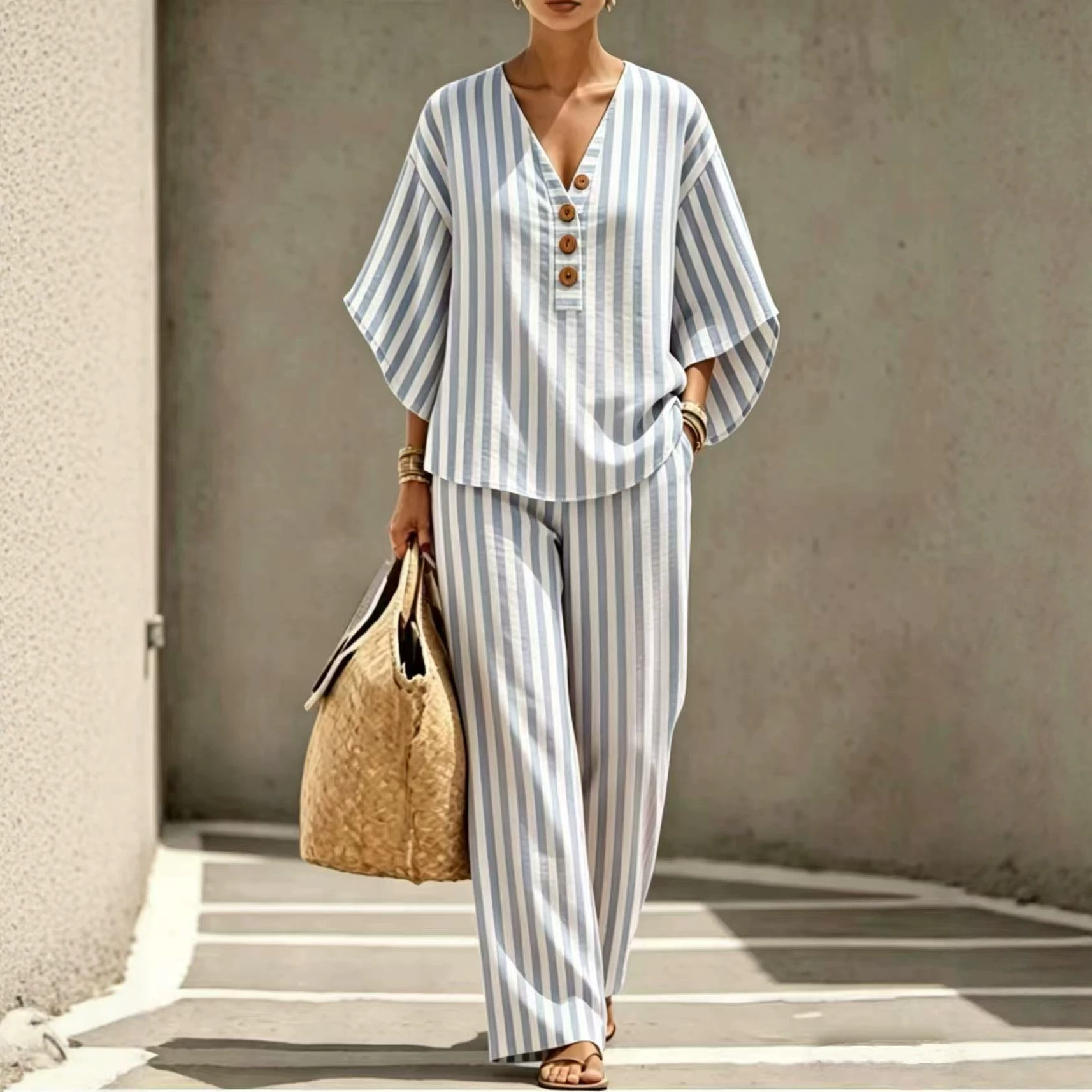 Women's Striped Print Three-Button Pant Set with Mid-Sleeve Top