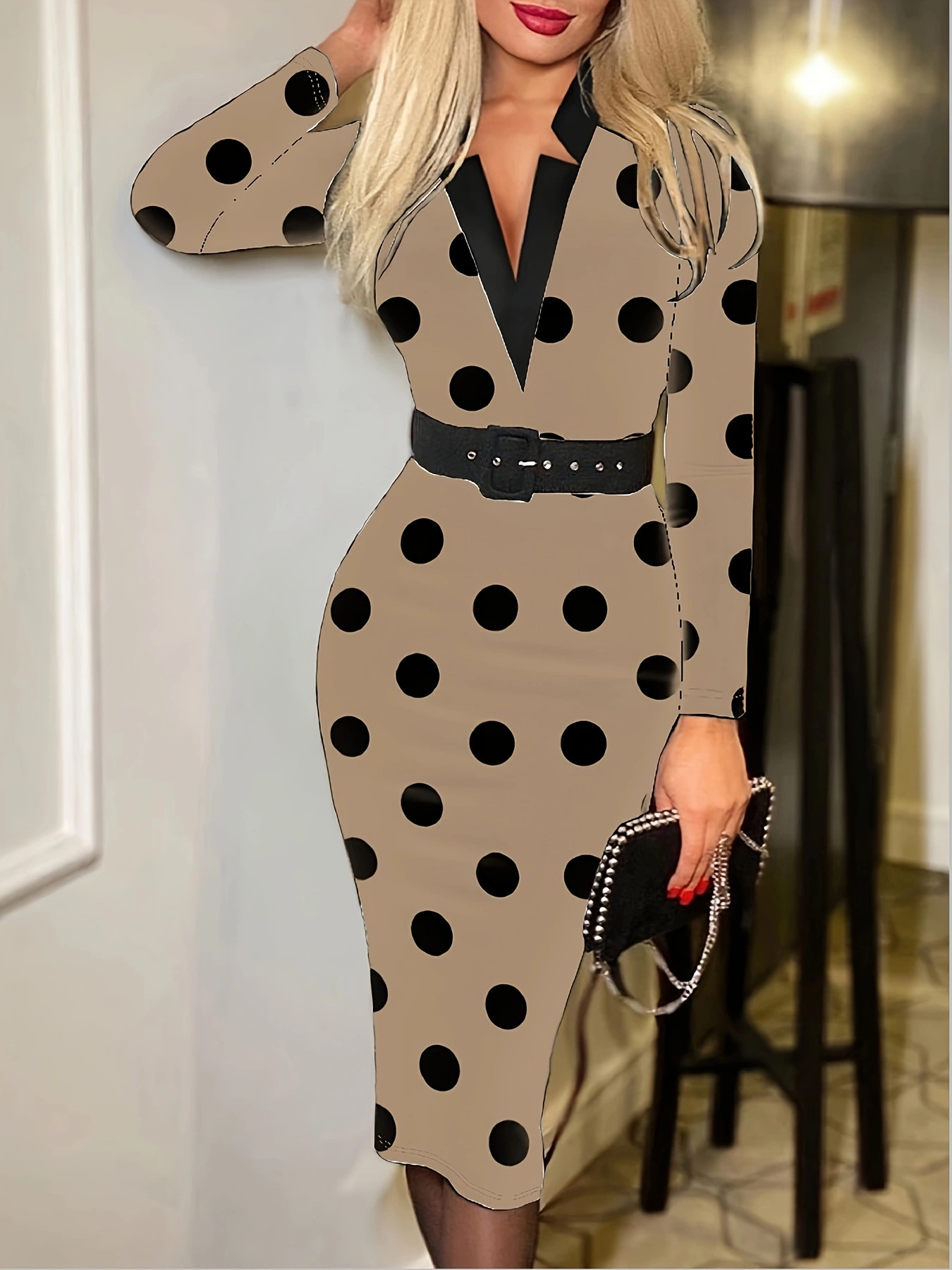 Plaid V-Neck Bodycon Long Sleeve Dress with Belt