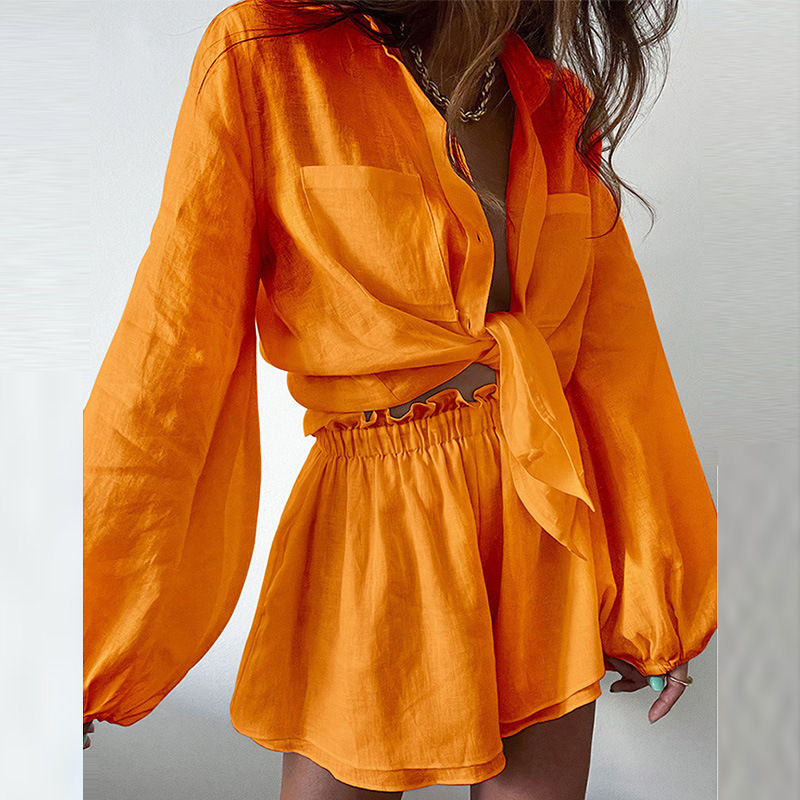 Women's Casual Solid Ruffle Shorts and Long Sleeve Shirt Set