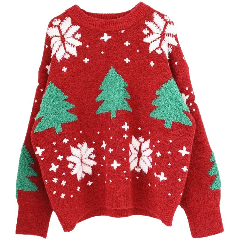 Women's Thick Christmas Tree Sweater Crewneck Loose Pullover