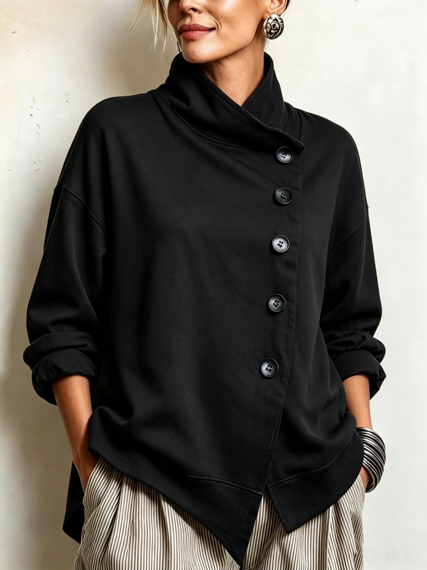 Stand Collar Asymmetric Hem Button-Front Loose Fit Long Sleeve Solid Color Sweatshirt for Women