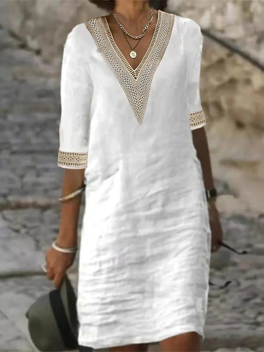 Women's Solid V-Neck A-Line Midi Dress Retro Short Sleeve