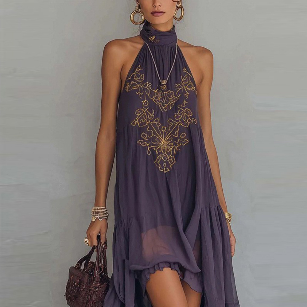 Purple High Neck Sleeveless Ruffle Maxi Dress