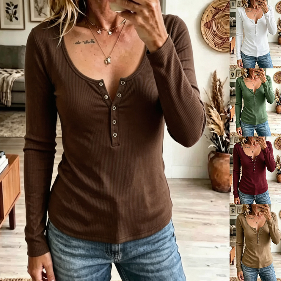 Solid Color Long Sleeve V-Neck Buttoned Slim Fit Ribbed Knit Top