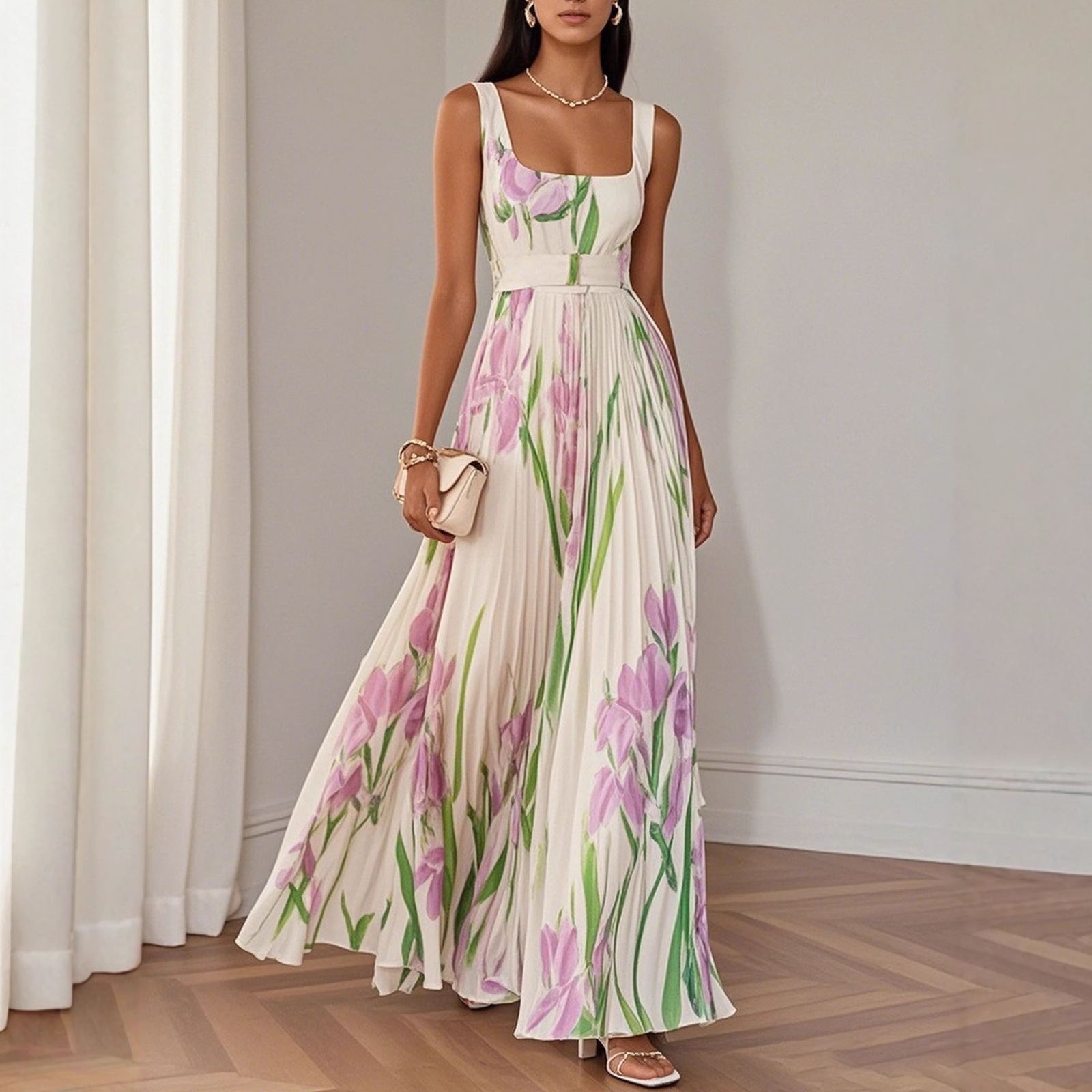 Women's Sleeveless Floral Midi Dress Digital Print Pleated A-Line