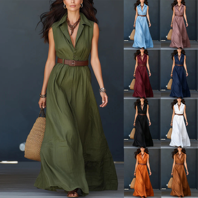 Women's Belted Collared Shirt Dress High Waist A-Line Long Dress