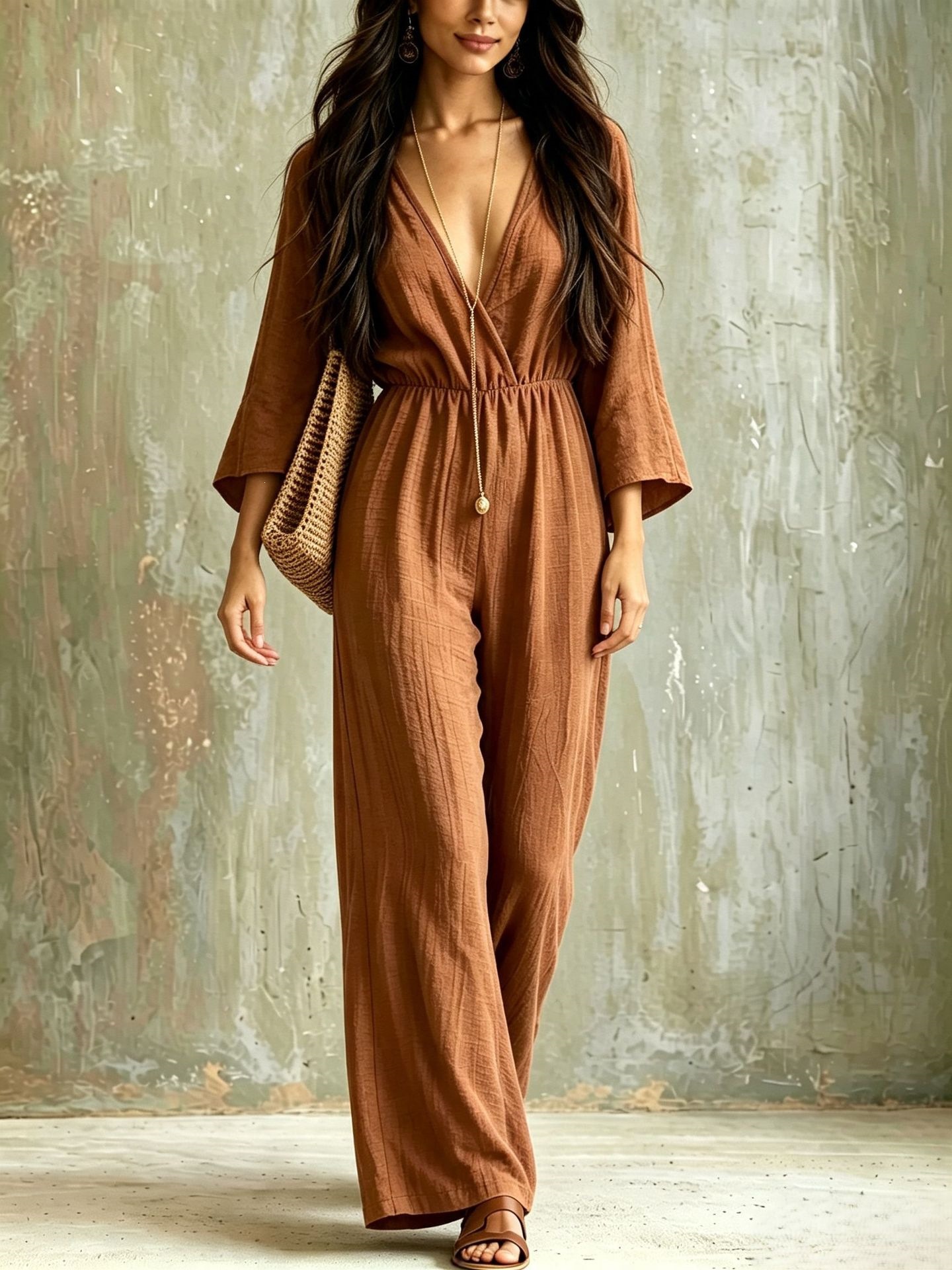 Bohemian V-Neck Wide-Leg Jumpsuit Women Long Sleeve