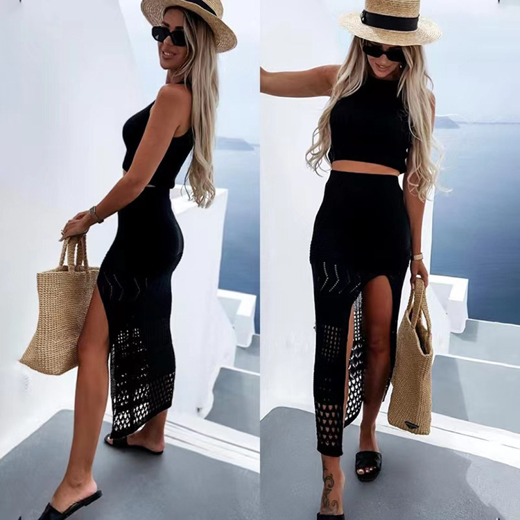 Sleeveless Knit Crop Top and Slit Maxi Skirt Two-Piece Beach Set