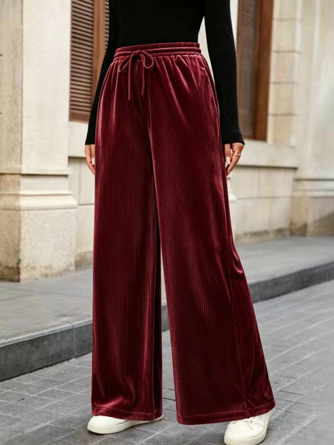 High-Waist Drawstring Wide-Leg Velvet Pants