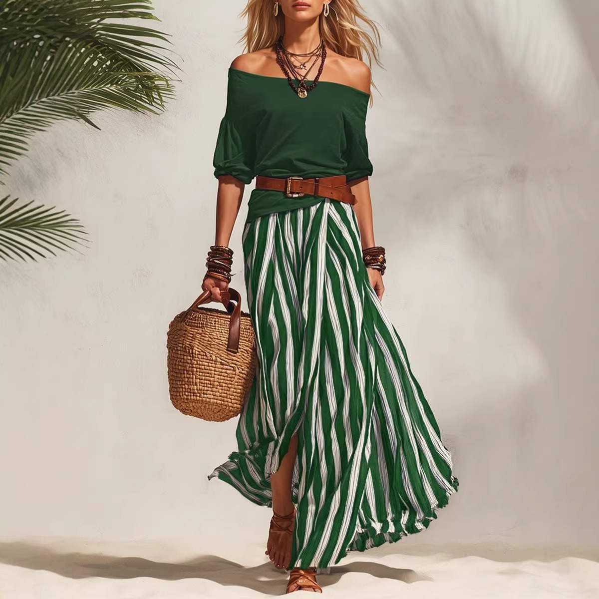 Off-Shoulder Top and Slit Skirt Women's Set – Nautical Vacation Style, Colorblock Geometric Print