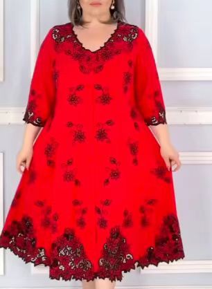 Women's Plus Size Floral Print A-Line Midi Dress V-Neck Short Sleeve Loose Fit