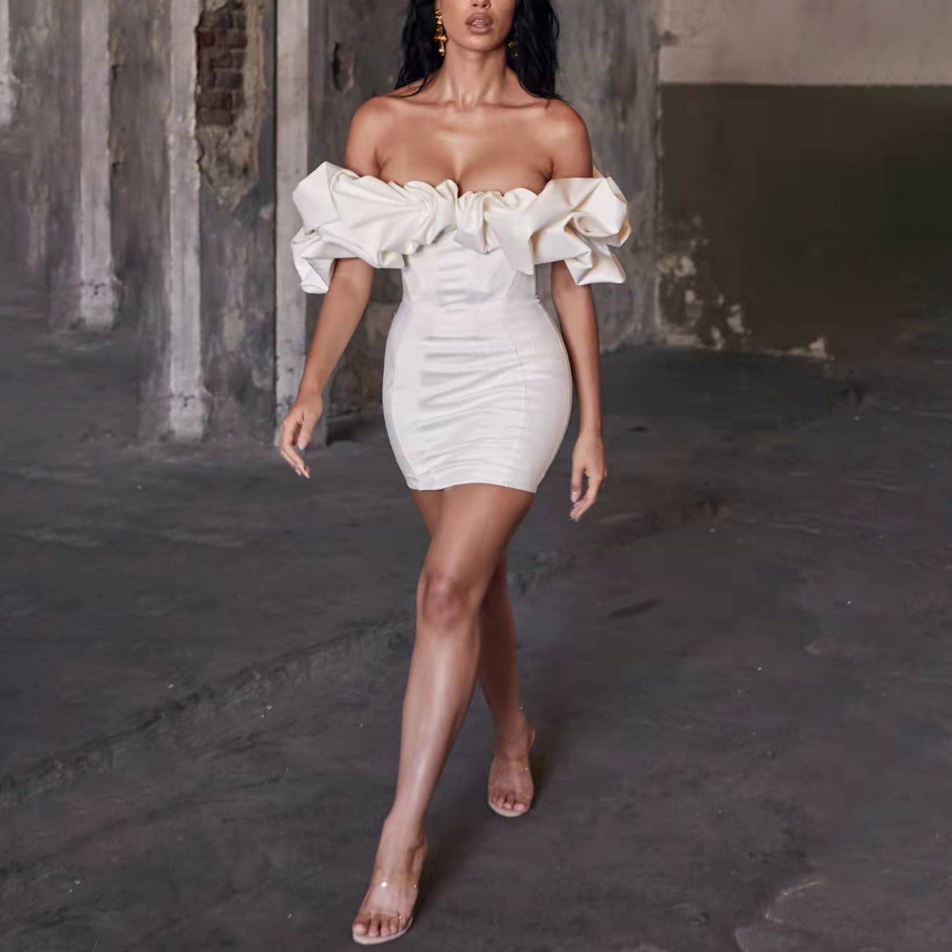 Women's Off-Shoulder Bodycon Mini Dress with Ruffle Trim
