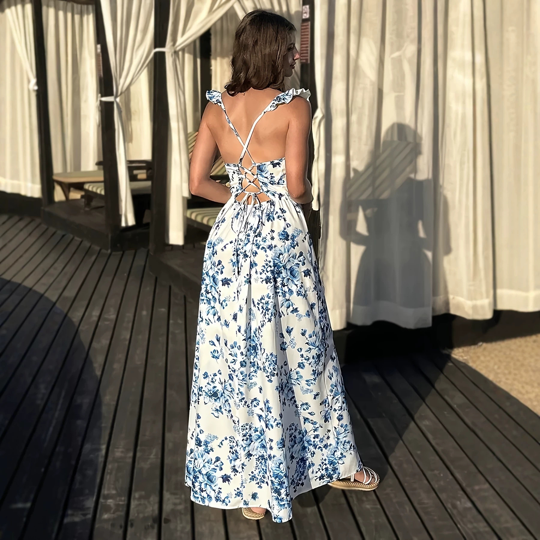 Women's Floral Print Square Neck High Slit Tie Back Maxi Dress