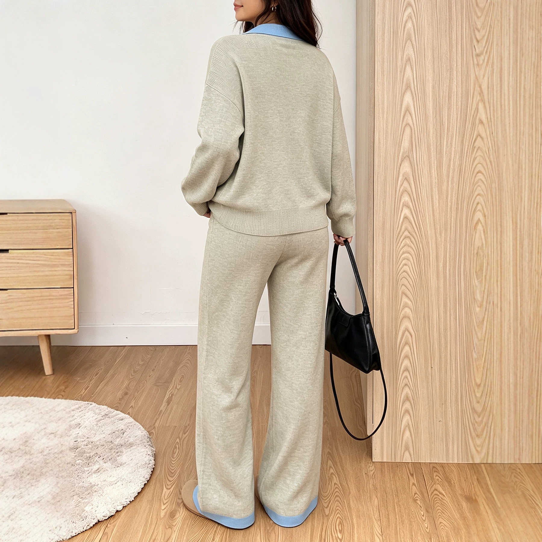 Women's Color-Block Collared Long-Sleeve Sweater and Knit Pants Set