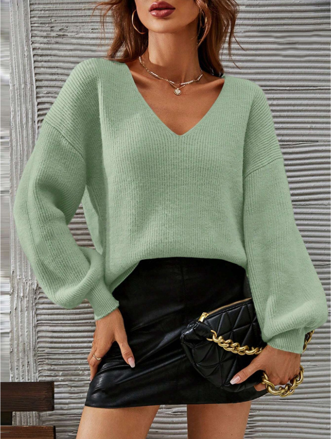 V-Neck Long-Sleeve Solid Knit Sweater