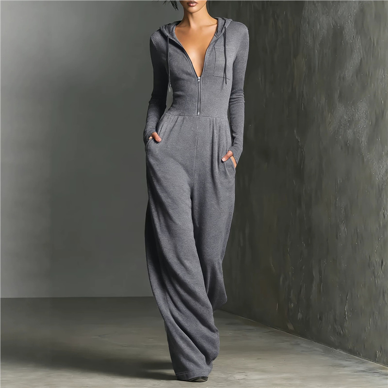 Women's Hooded Zip Wide-Leg Jumpsuit Long Sleeve Slim Fit Stretchy