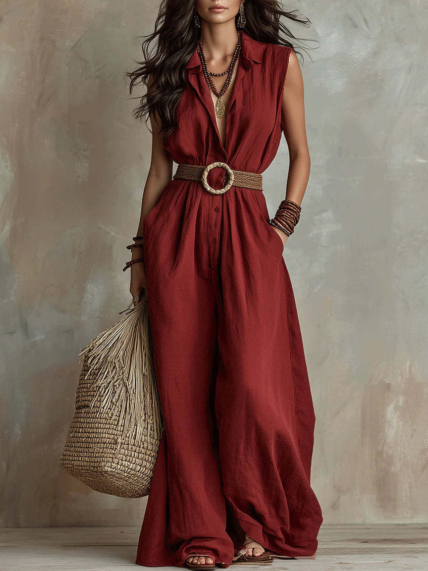 Women's Sleeveless Wide-Leg Jumpsuit with Collar and Waist Tie