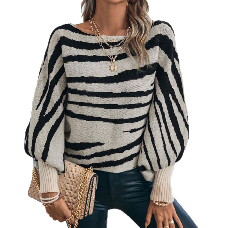 Women's Zebra Print One-Shoulder Batwing Sweater Loose Knit Pullover