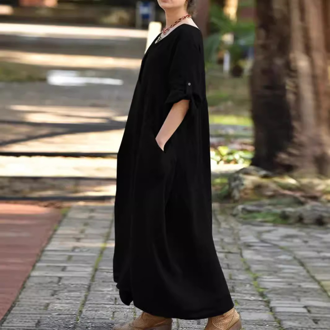 Women's Casual Loose Long Sleeve V-Neck Pocket Cotton Linen Dress