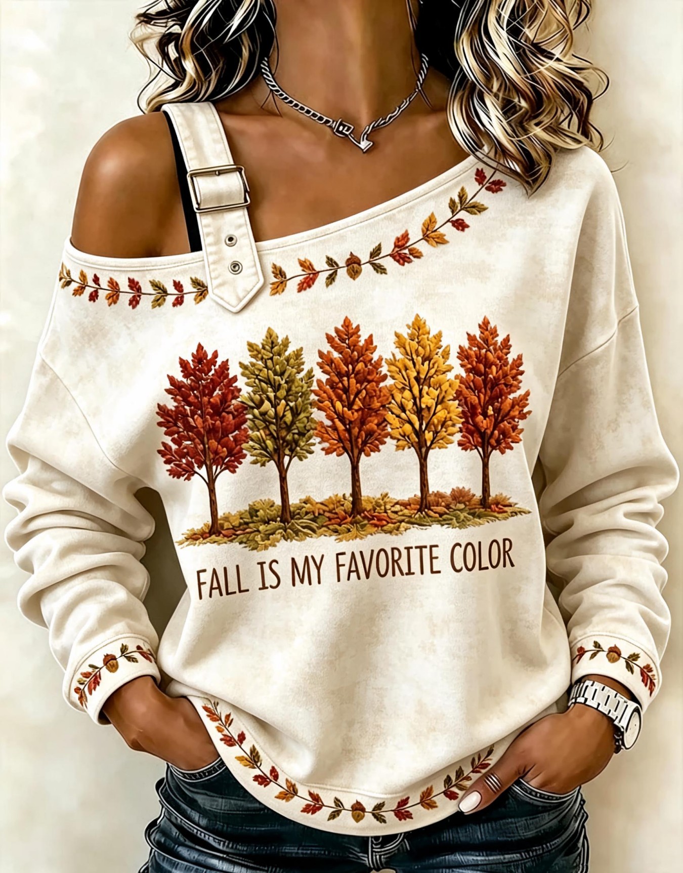 Maple Leaf Letter Floral Print Crewneck Long Sleeve Lace-Up Sweatshirt