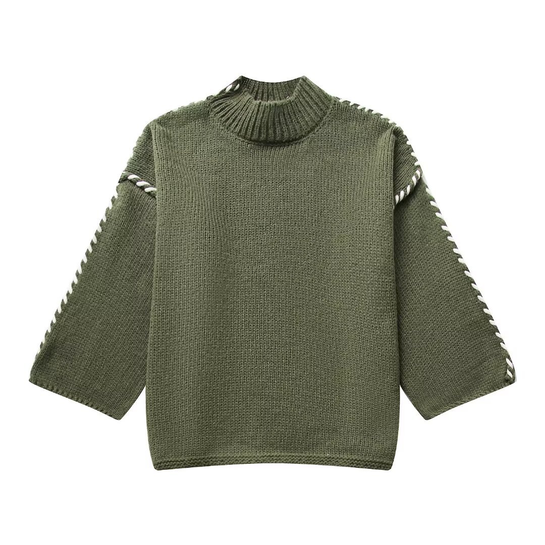 Women's Color-Block Crewneck Long-Sleeve Knit Sweater with 3D Pattern