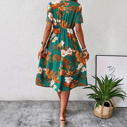 V-Neck Short Sleeve Floral Print Midi Dress