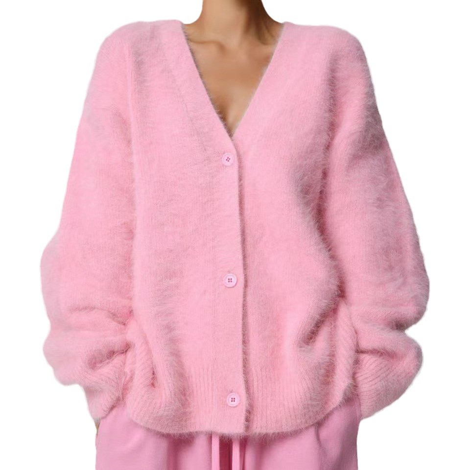 Faux Mink V-Neck Knit Cardigan Women Loose Solid Color Button Front
