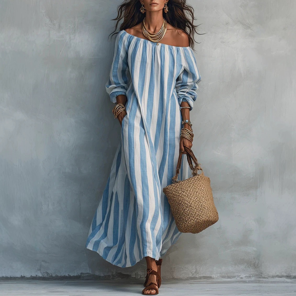 Striped Off-Shoulder Long-Sleeve Maxi Dress