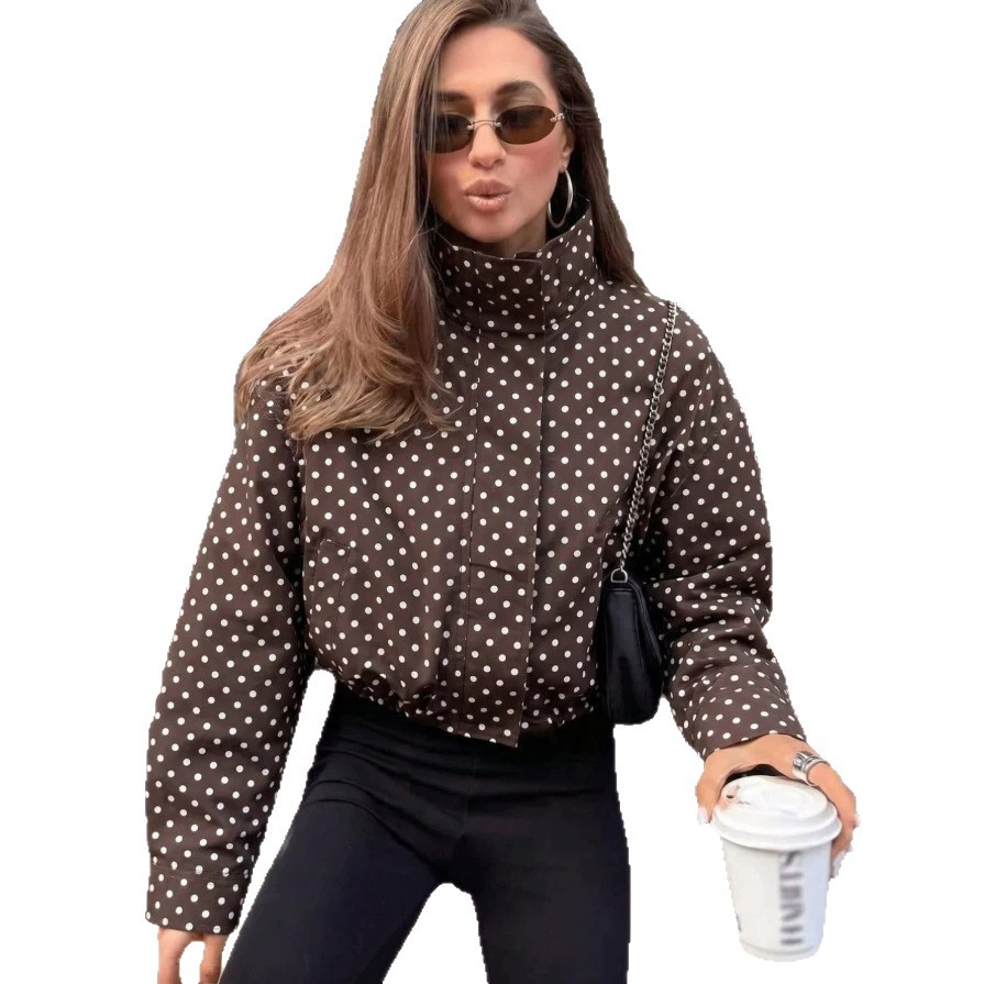 Polka Dot Long Sleeve Loose Fit Zip Jacket with Pockets