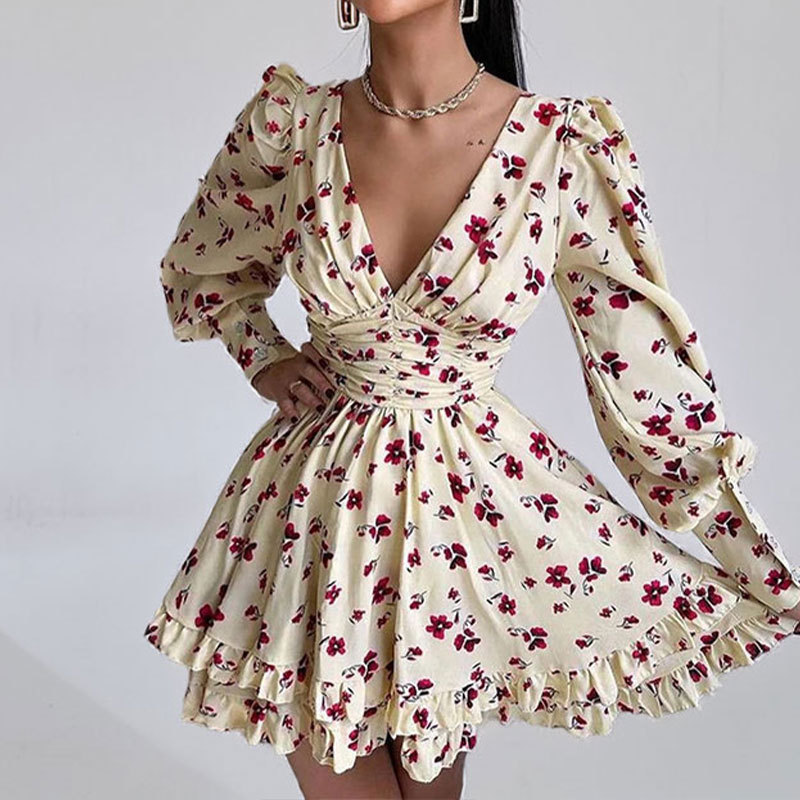 Elegant French Vacation Floral Ruffle Dress