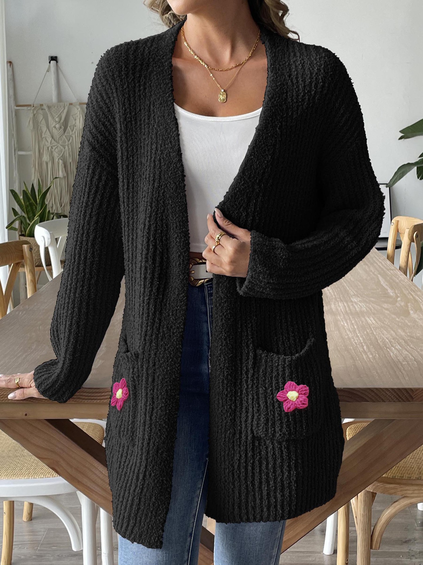 Women's Knit Cardigan with Hand-Crochet Floral Appliqué and Dual Pockets