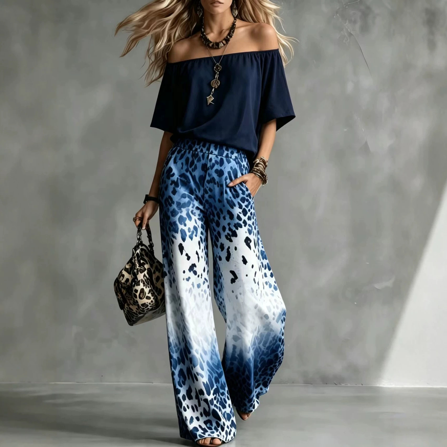 Leopard Gradient Off-Shoulder Top & Wide-Leg Pants Set