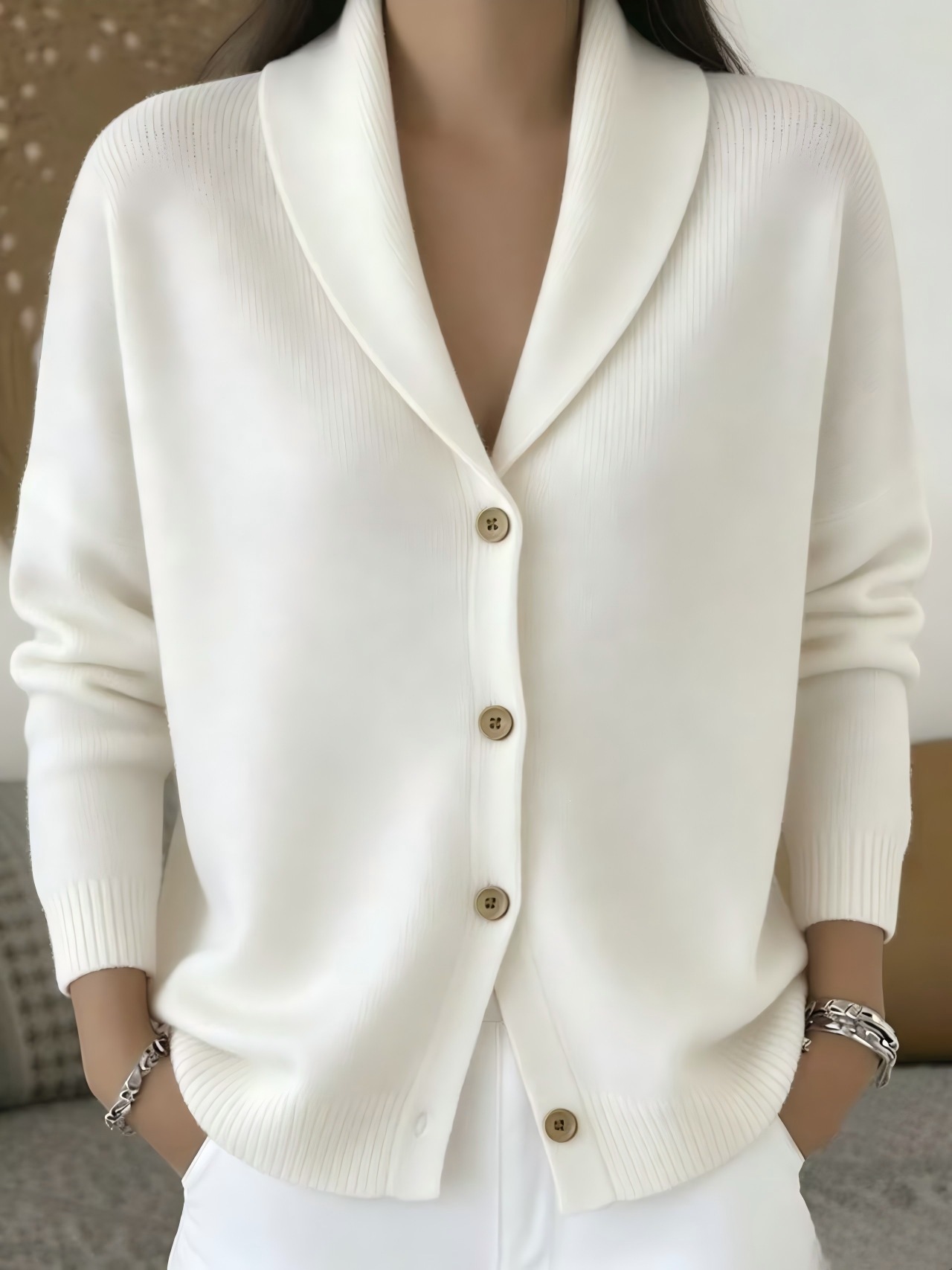 Button-Front Knit Cardigan Sweater with Collar, Solid Color, Casual