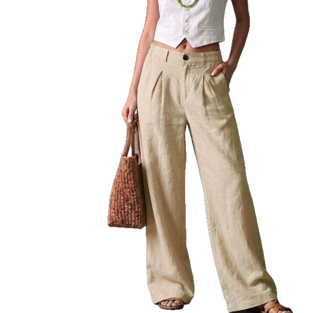 Women's Linen-Blend Wide-Leg Pants High-Waist Solid Casual