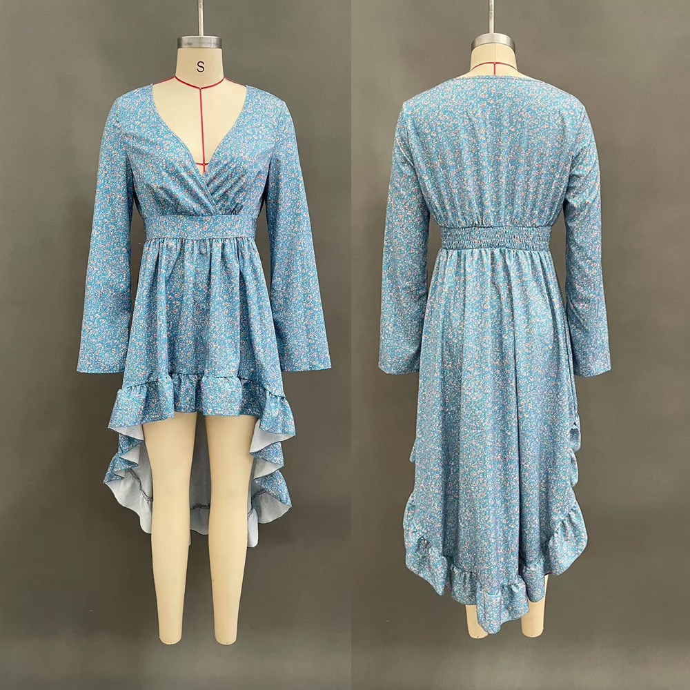 Floral High-Waist Midi Dress with Long Sleeves and Asymmetrical Hem