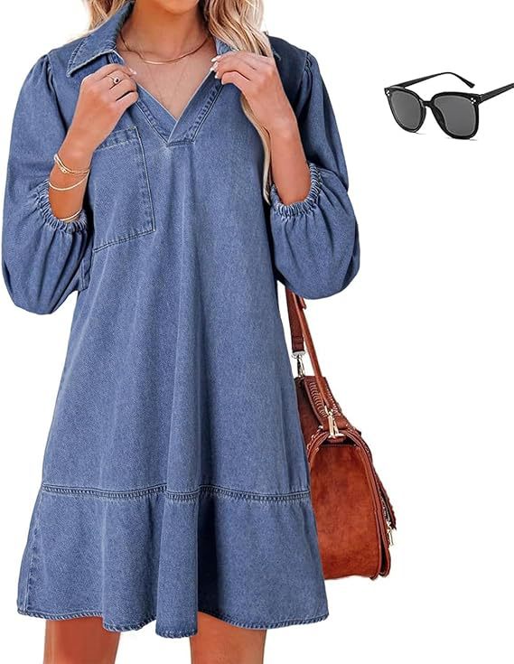 Women's Loose Denim Dress with V-Neck and 3/4 Bubble Sleeves
