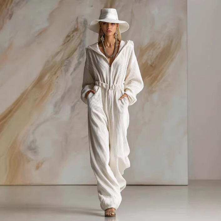 White Corduroy Hooded Zip Long Sleeve Jumpsuit