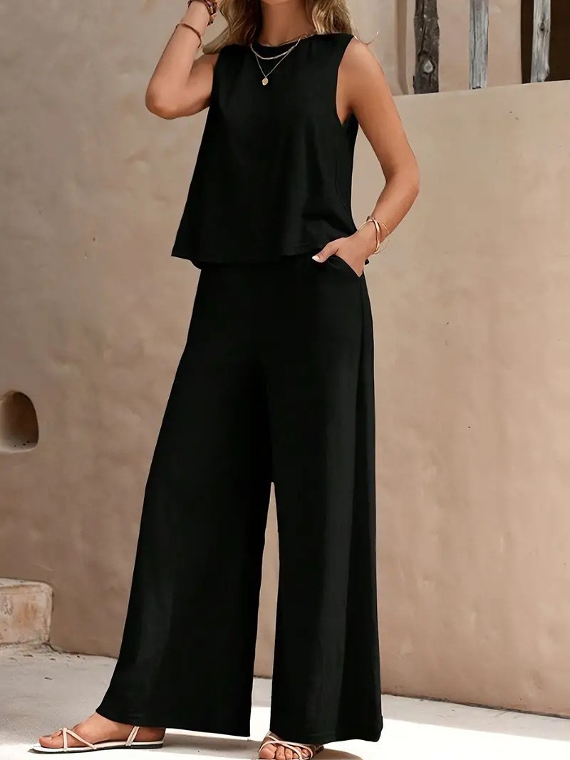 Women's Two-Piece Sleeveless Tank Top and Wide-Leg Pants Set Solid Color Casual