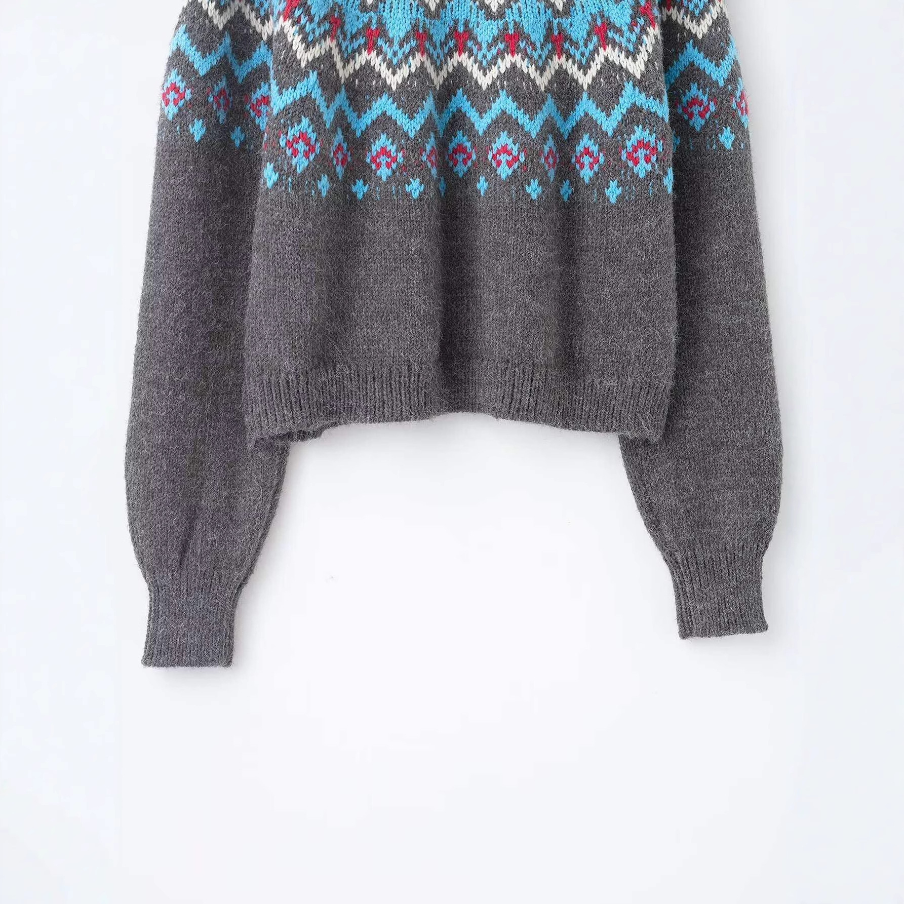 Women's Color-Block Jacquard Knit Top Crew Neck Long Sleeve