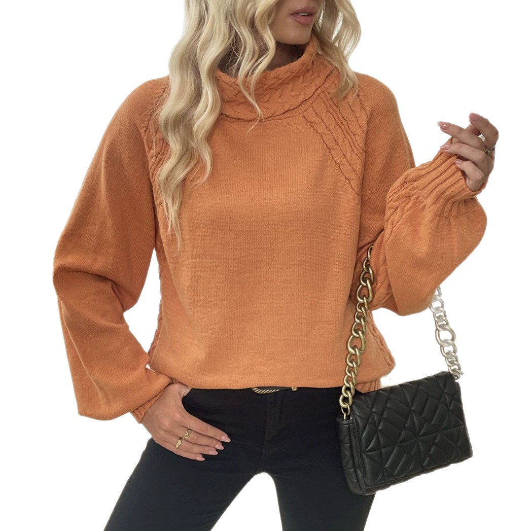 Wheat Stitch Knit Half Turtleneck Sweater with Puff Sleeves