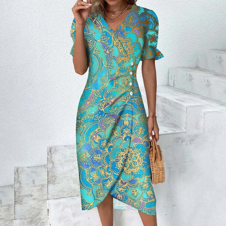 Geometric Patchwork Puff Sleeve Asymmetrical Hem Dress