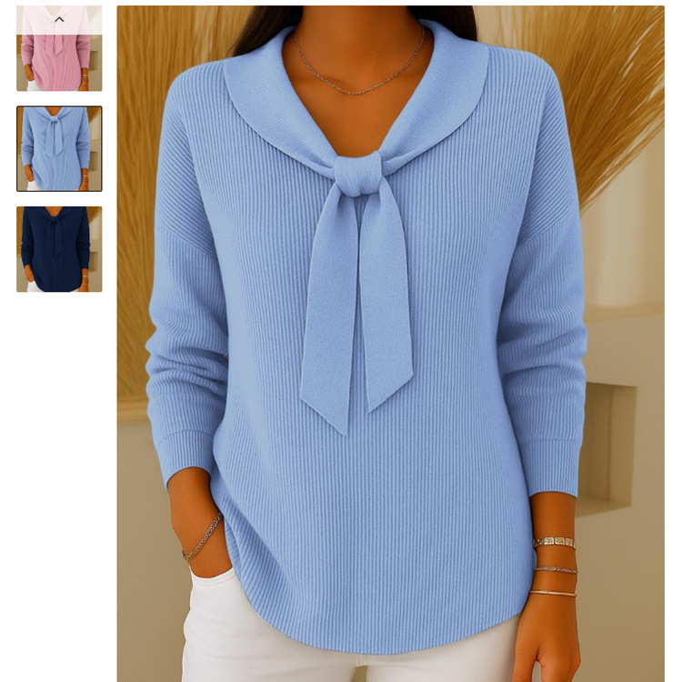 Bow Knit Sweater Solid Color Doll Collar Pullover