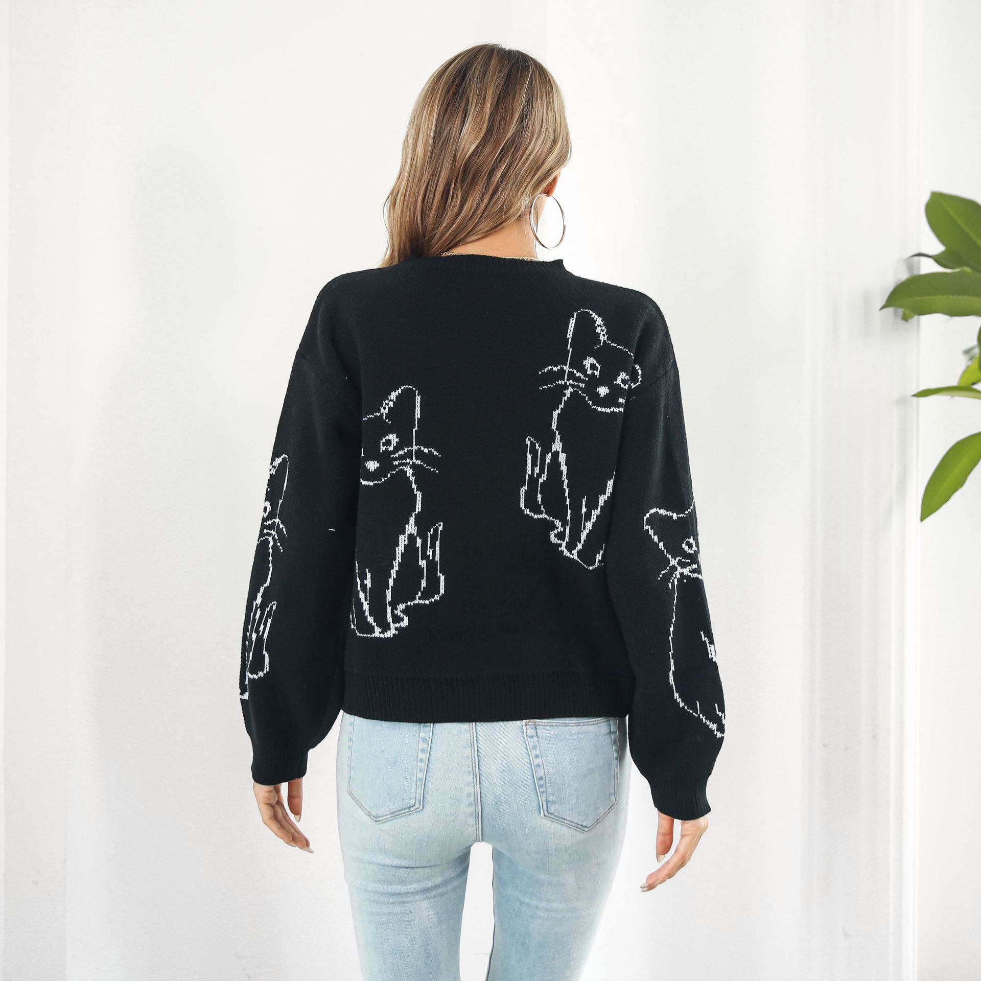 Women's Cat Jacquard Sweater Loose Fit Long Sleeve Knit Pullover